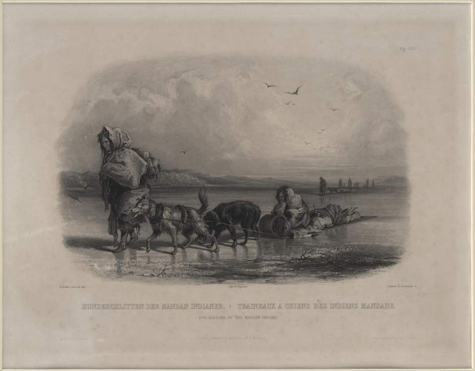 Hundeschlitten der Mandan Indianer, Vignette, Karl Bodmer 