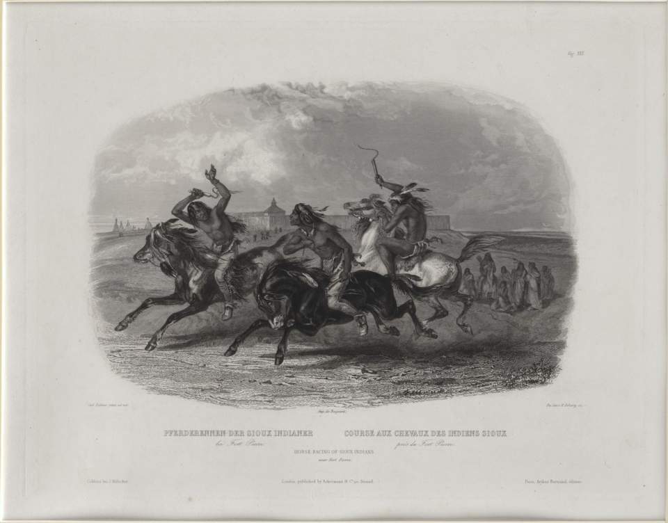 Pferderennen der Sioux Indianer, Vignette, Karl Bodmer 