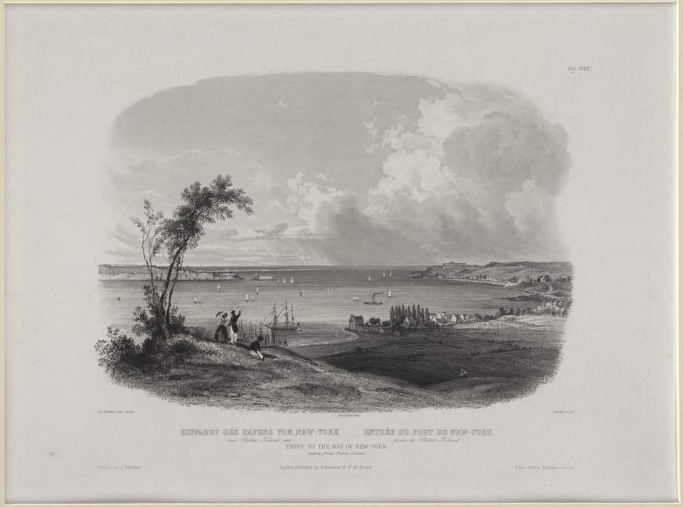 Einfahrt des Hafens von New York, Vignette, Karl Bodmer 
