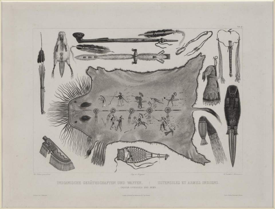 Indianische Gerätschaften und Waffen, Tableau, Karl Bodmer 