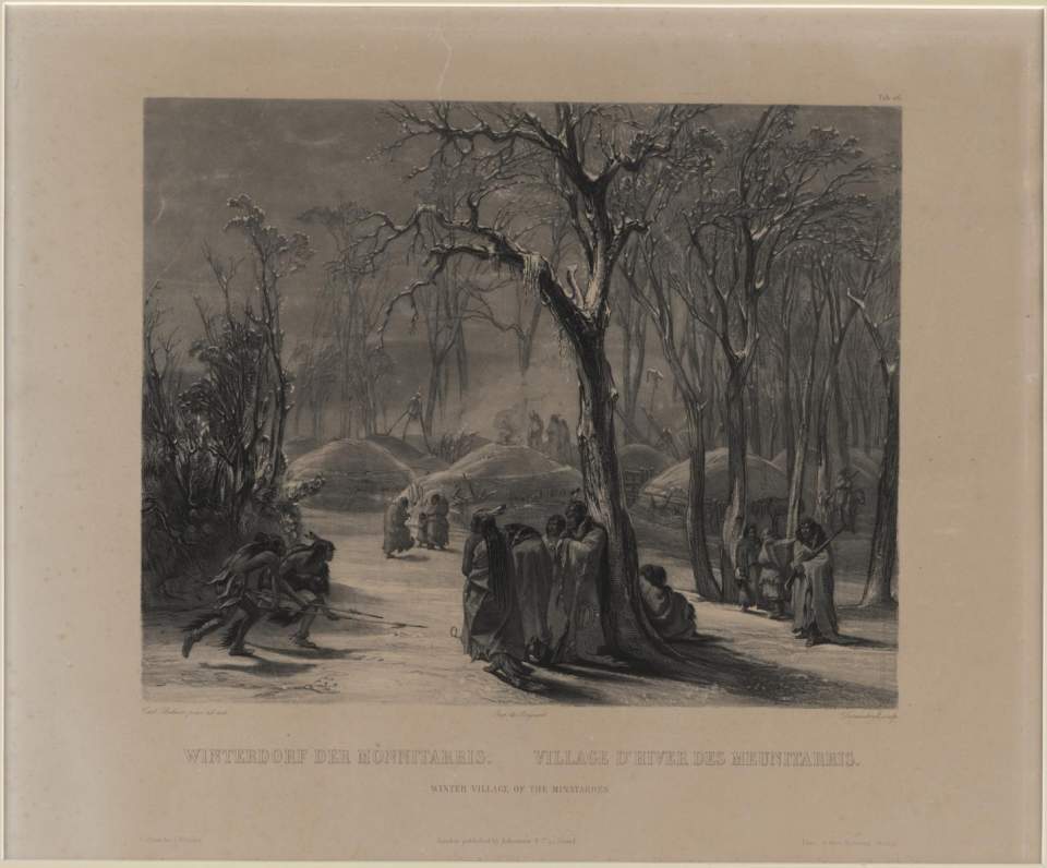 Winterdorf der Mönnitarris, Tableau, Karl Bodmer 