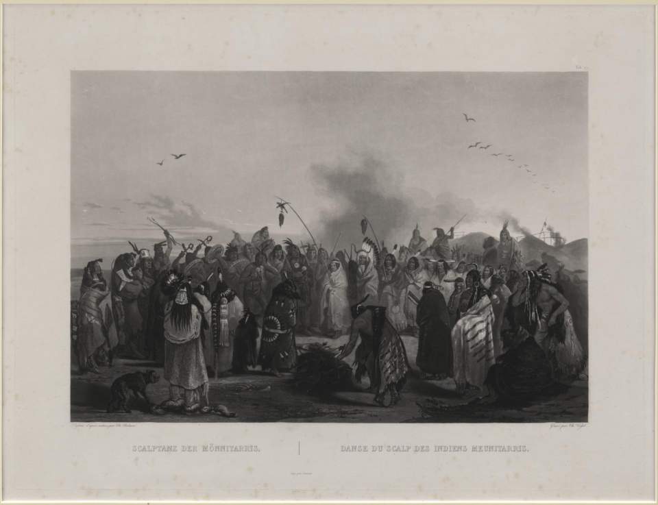 Skalptanz der Mönnitarris, Tableau, Karl Bodmer 