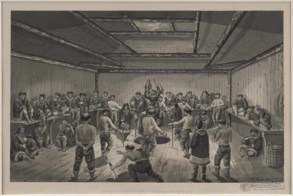Trautmann Grob, Tuschezeichnung, Esquimaux Tanzbelustigung, 1867