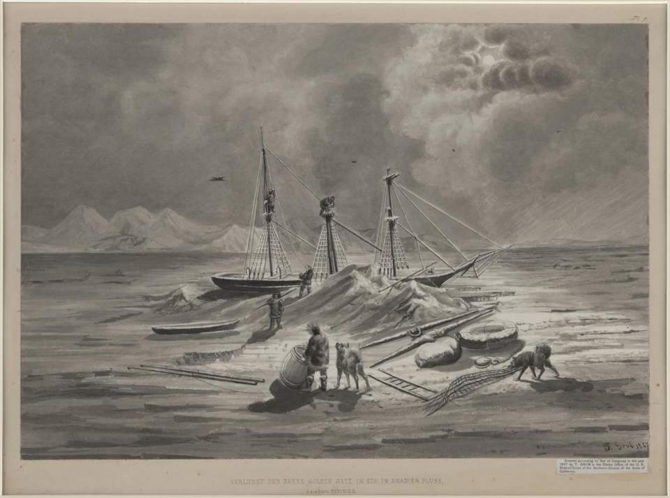 Trautmann Grob, Tuschezeichnung, Verlust der Barke Golden Gate,1867