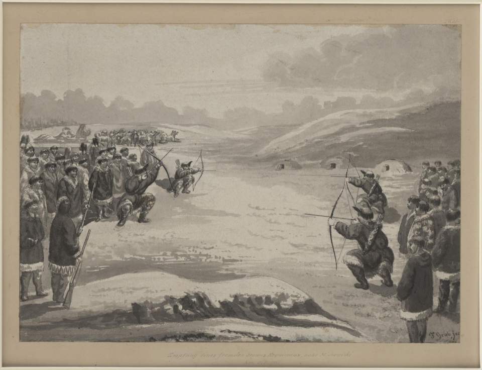 Trautmann Grob, Tuschezeichnung, Empfang eines fremden Stammes, 1867