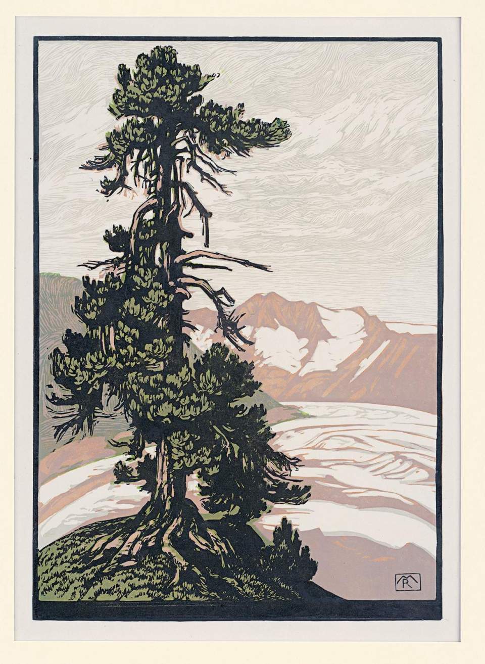 Farbholzschnitt "Einsamer Baum vor Gebirgskulisse"