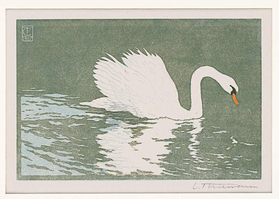Farbholzschnitt, Maschinendruck "Schwan" (I), Schwäne