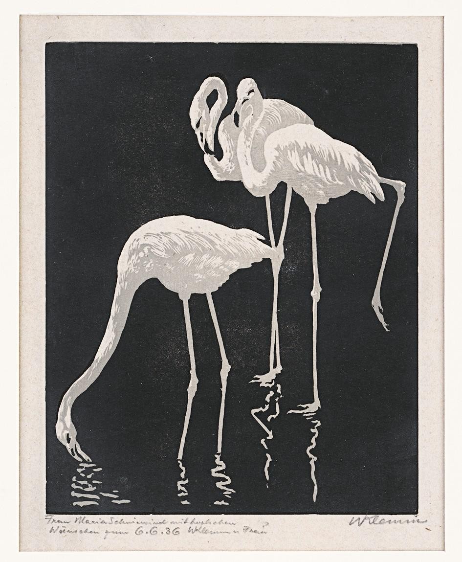 Farbholzschnitt "Drei Flamingos"