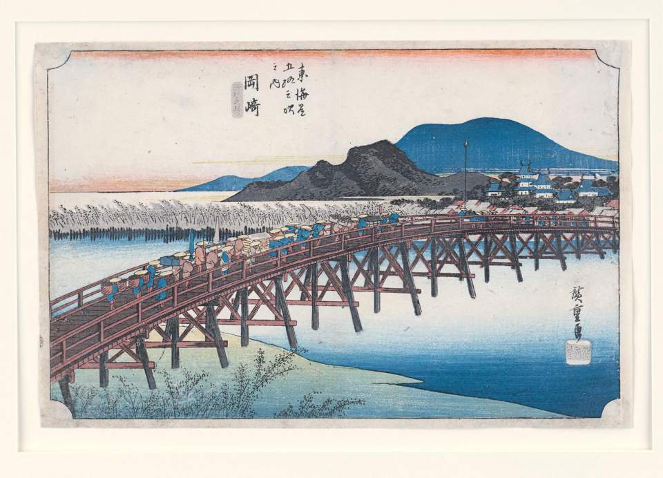 Farbholzschnitt "Tenshin Brücke in Okazaki" aus der Serie "Die 53 Stationen der Tokaido-Strasse"