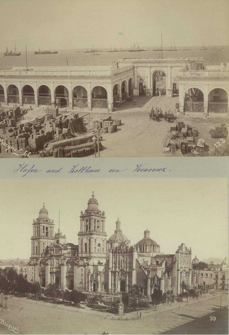 2 Fotografien, Hafen u. Zoll v. Veracruz, Kathedrale von Mexiko