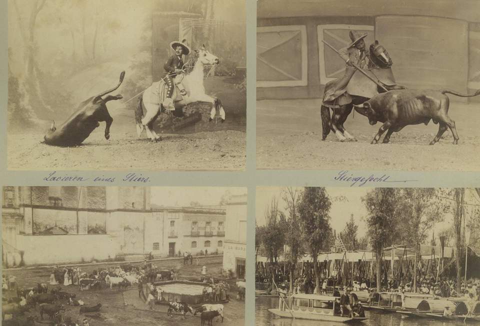 4 Fotografien, Stierkampf, Marktplatz, Kanalszene, Mexiko