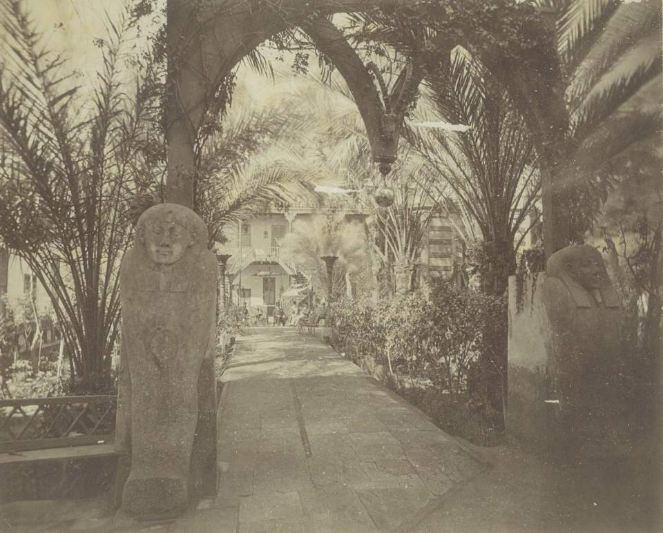 Fotografie, Blick in einen Palmgarten mit Europäern, Ägypten Kairo?