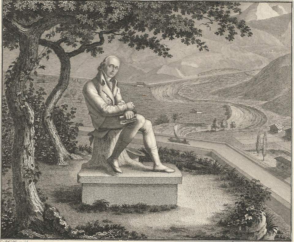 Stahlstich, Porträt, Escher von der Linth, sitzend, in Landschaftsbild