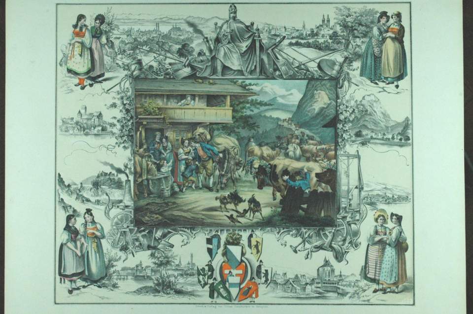 Souvenir- und Trachtenbild mit Alpabfahrt und deutschschweizer Ortsnamen