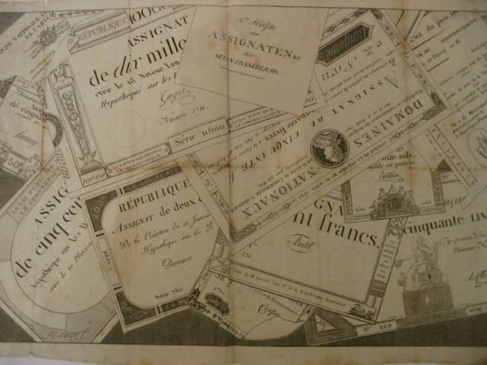 Darstellung von franz. Papiergeld nach der Revolution; Assignaten