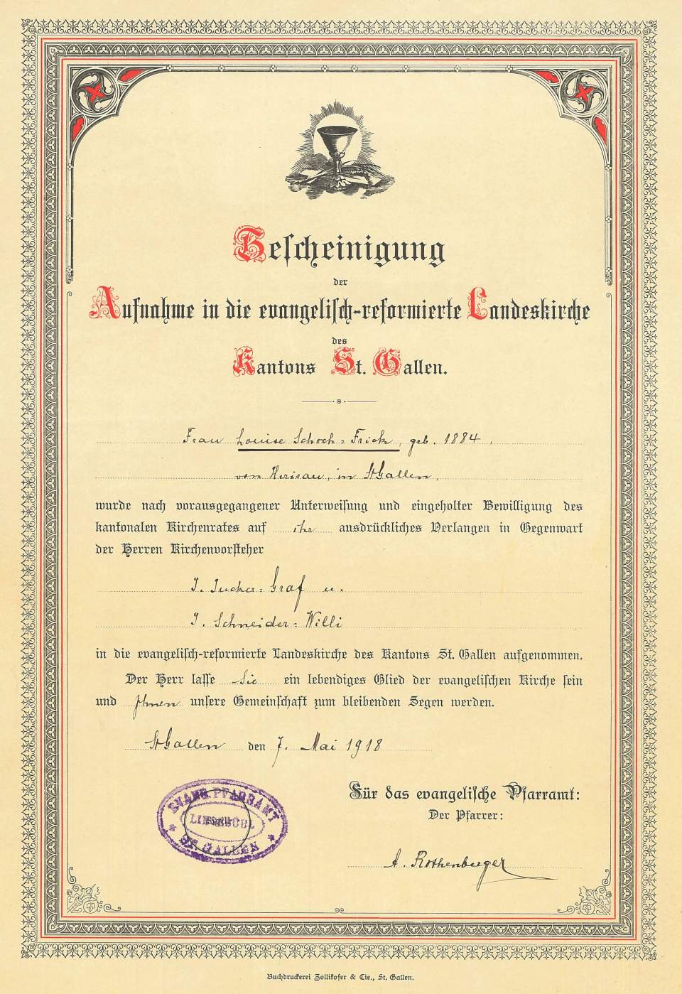 Bescheinigung der Aufnahme in die evang. refor. Landeskirche des Kts. St. Gallen 1918 (Erinnerungs -u. Gedenkblätter)