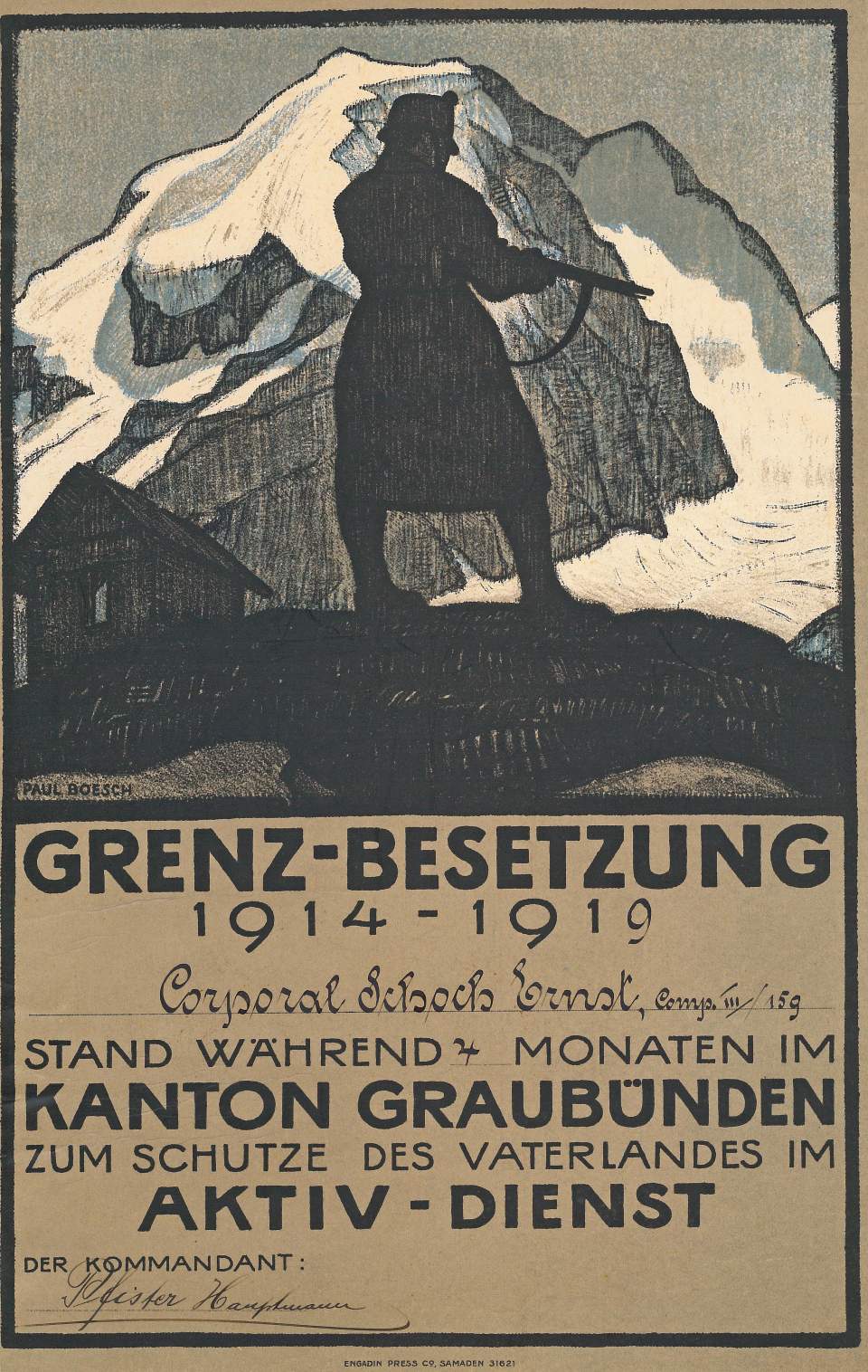 Andenken-, Erinnerungsblatt an die Grenzbesetzung 1914-1919