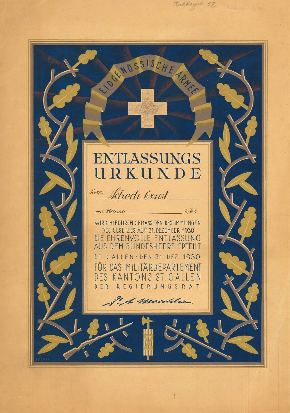 Erinnerungs- und Gedenkblätter Entlassungsurkunde aus dem MilitärErnst Schoch