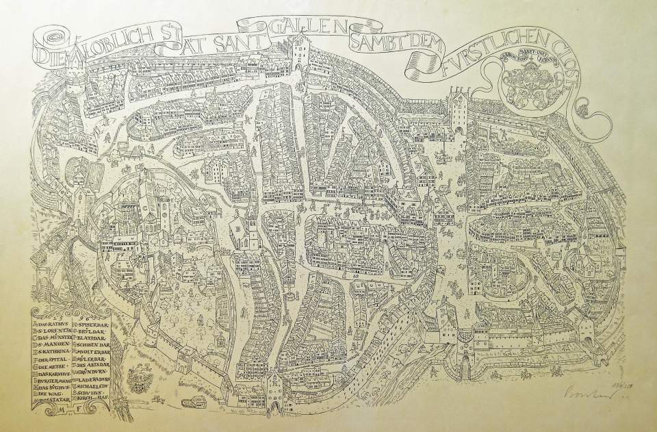 Stadtplan von Stadt und Abtei St.Gallen, Planprospekt nach historischer Vorlage von 1596, 1944