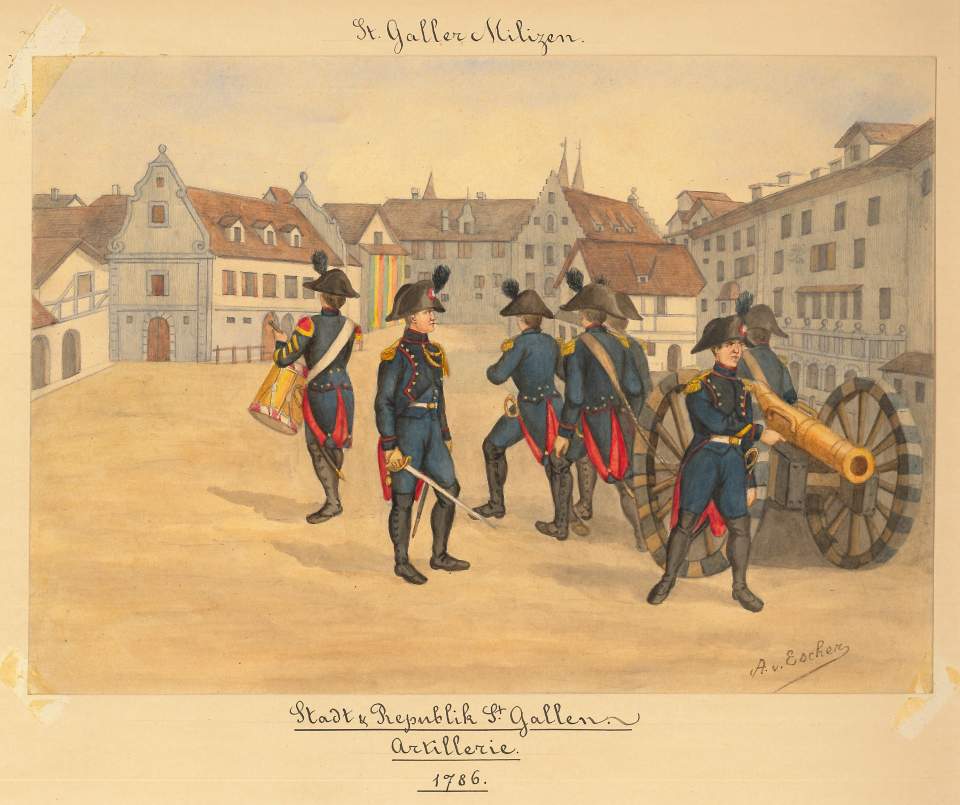 Aquarelle von St.Galler Stadtmilizen