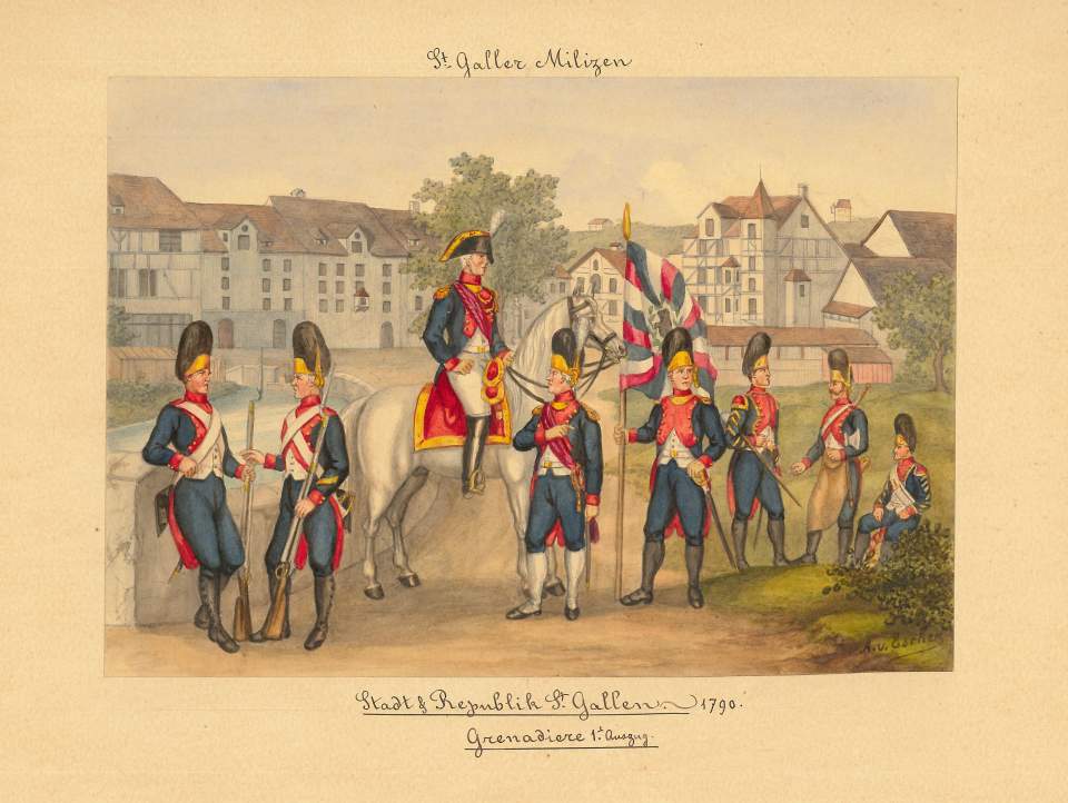 Aquarelle von St.Galler Stadtmilizen
