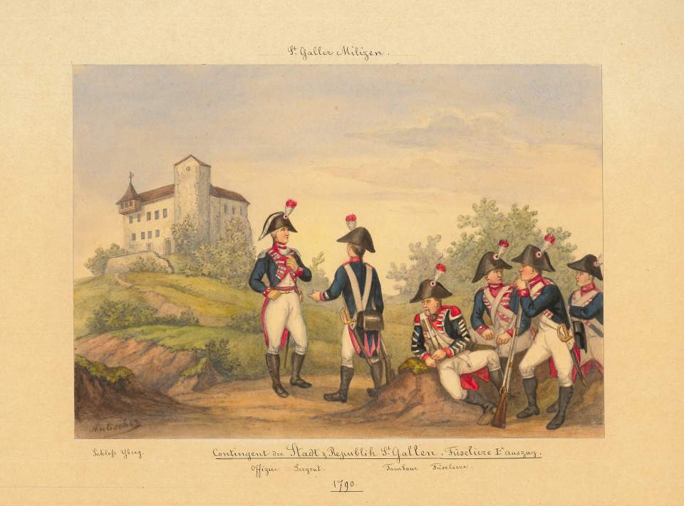 Aquarelle von St.Galler Stadtmilizen
