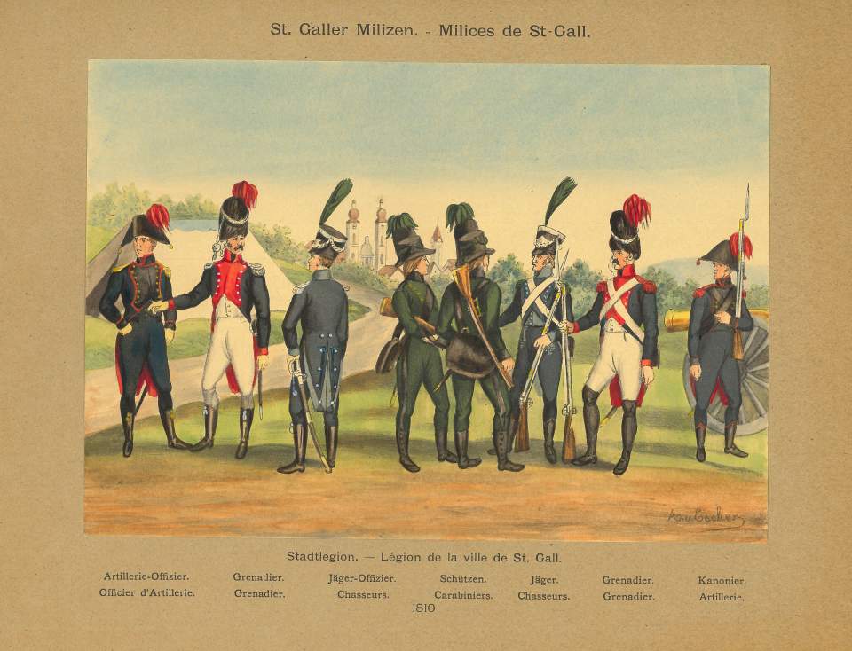 Aquarelle von St.Galler Stadtmilizen