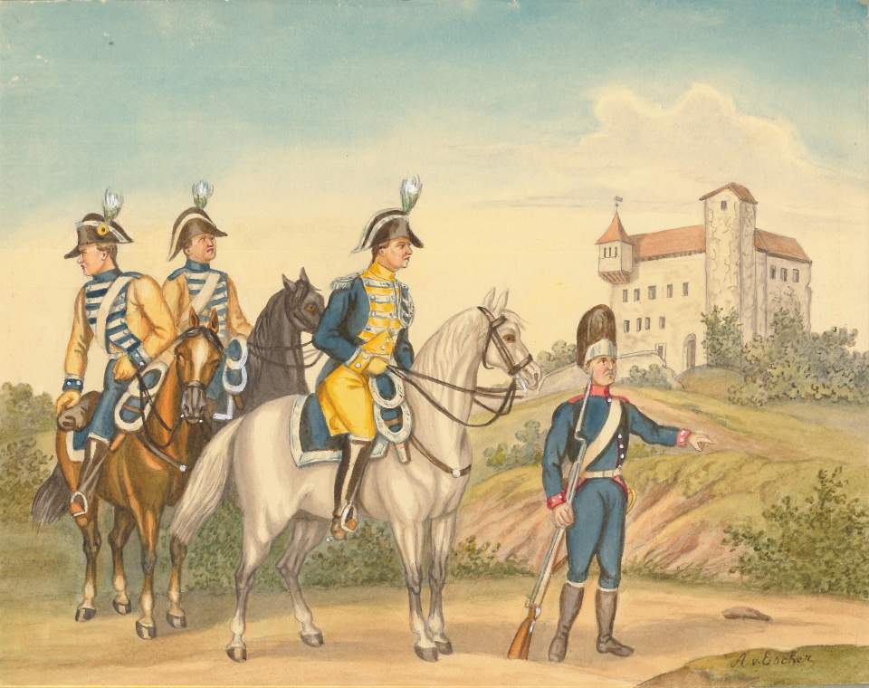 Aquarelle von St.Galler Stadtmilizen