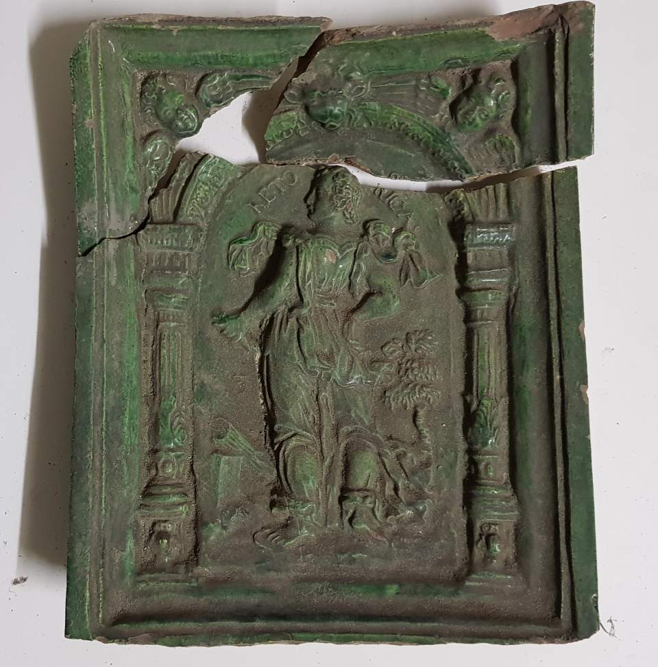 Ofenkachel, Füllkachel, grün, Allegorie Rethorik