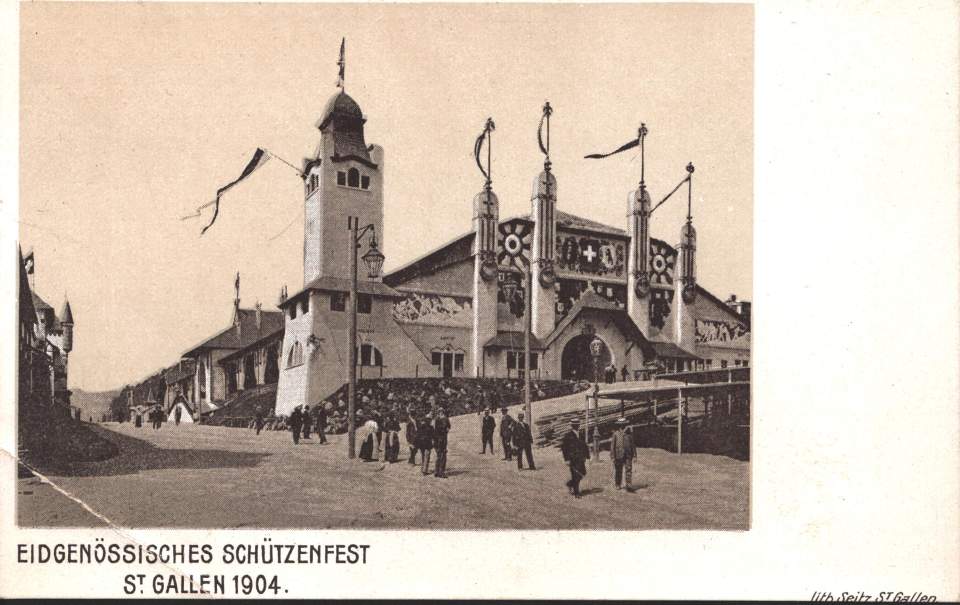 Postkarte des Eidgenössischen Schützenfestes, St. Gallen 1904.