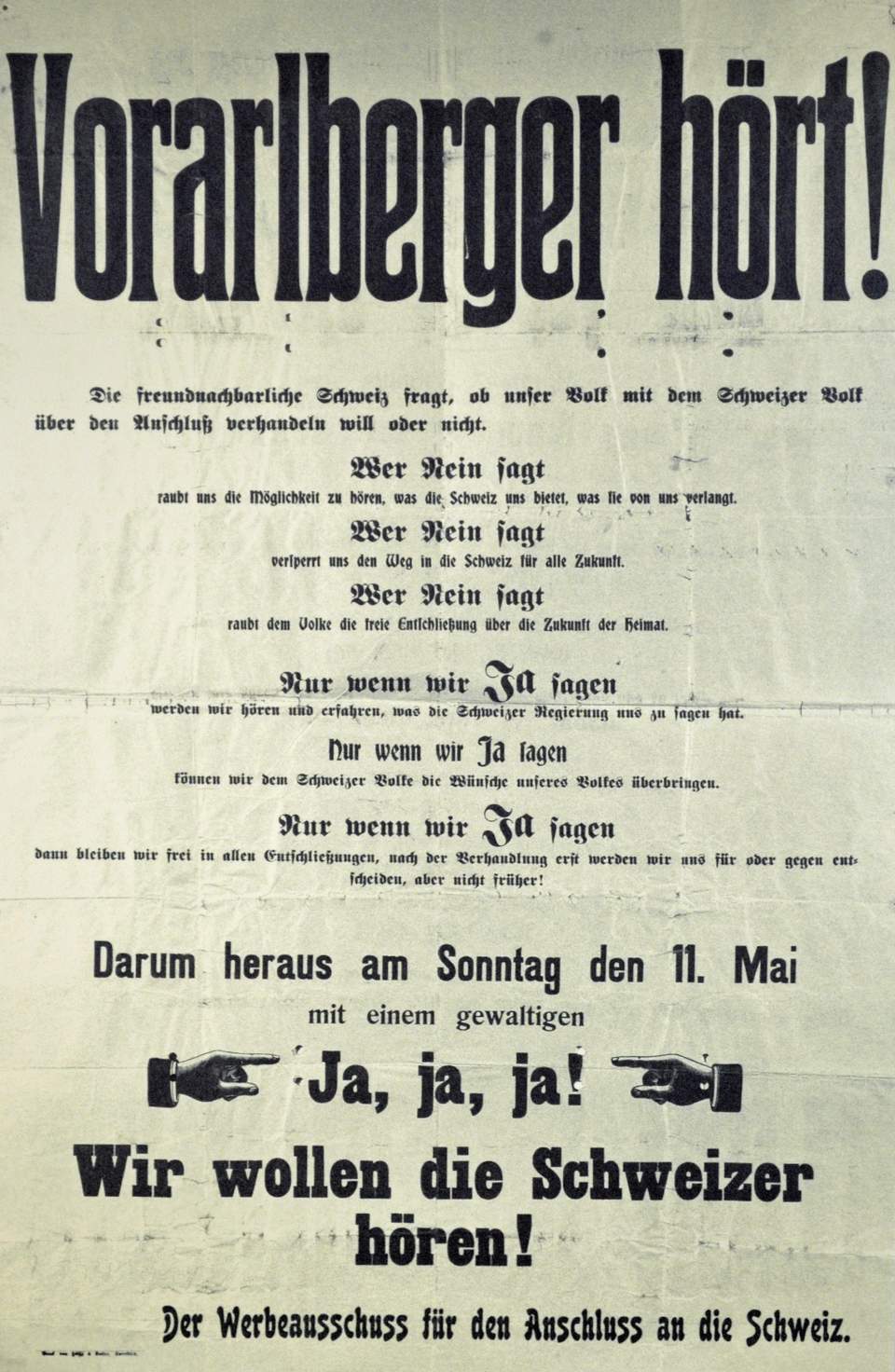 Plakat zur Volksabstimmung Anschluss Vorarlberg an die Schweiz, 11. Mai 1919 (Faksimile)