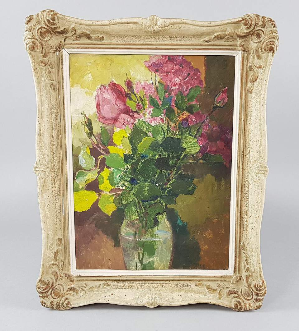 Ölgemälde, Strauss roter Rosen, Stillleben