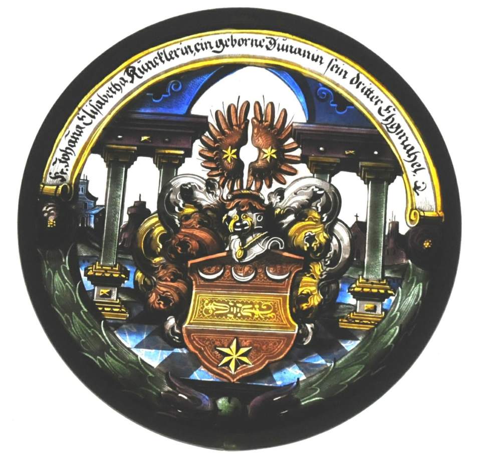 Monolithrundscheibe mit Wappen, Glasgemälde, Johanna Elisabeth Kunkler, geb. Dunant, um 1640