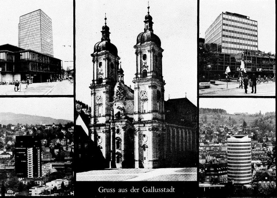 Ansichtskarte "Gruss aus St.Gallen" (Kritik an Hochhäusern), Postkarte