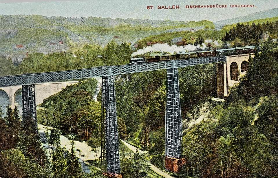 Ansichtskarte, Postkarte von St.Gallen mit der Eisenbahnbrücke (Gitterbrücke)