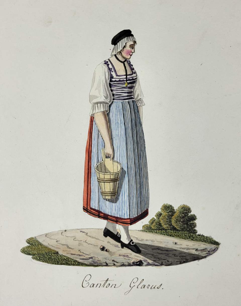 Trachtenbild mit Frau in Glarner Tracht