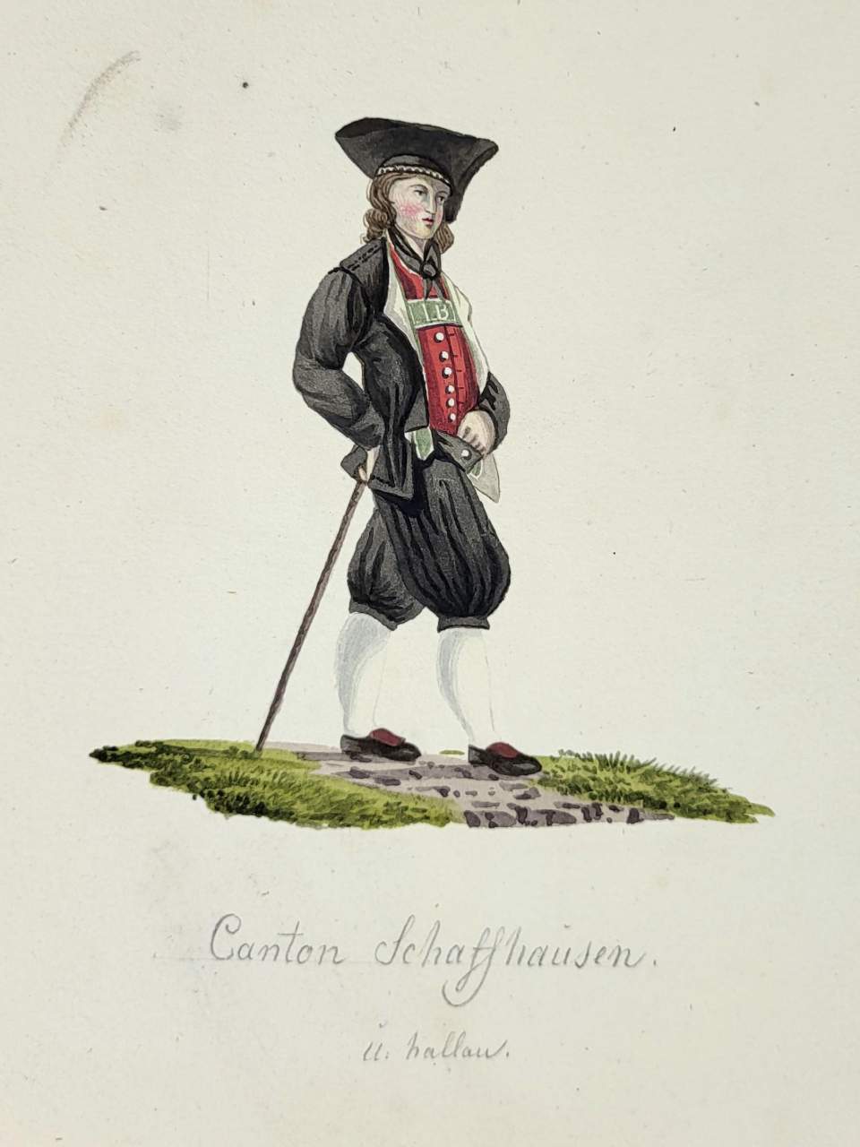 Trachtenbild mit Mann in Schaffhauser Tracht, Hallau