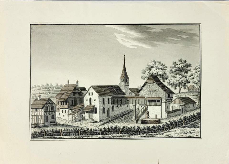 Ansicht Linsebühl St.Gallen, Kirche mit Siechenhaus und Prestenhaus 