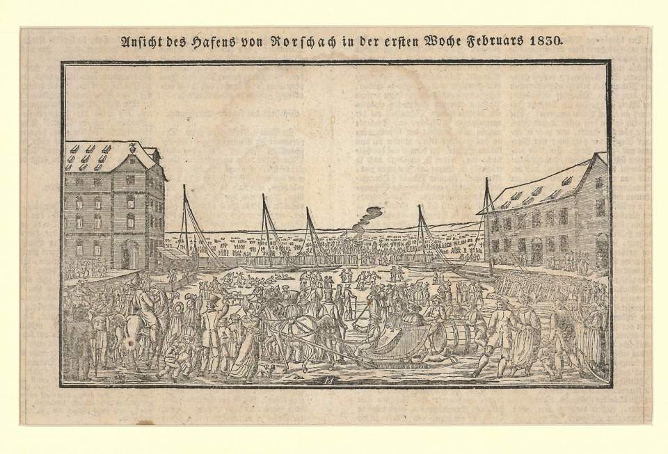 Holzschnitt, Ansicht des Hafens von Rorschach 1931