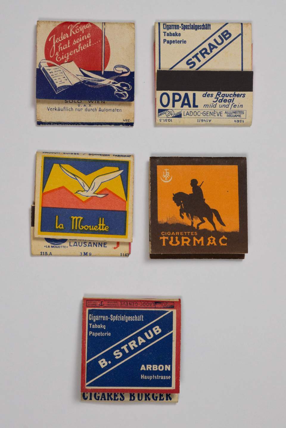 5 Streichholzbriefe, Zündholzbriefe mit Werbung