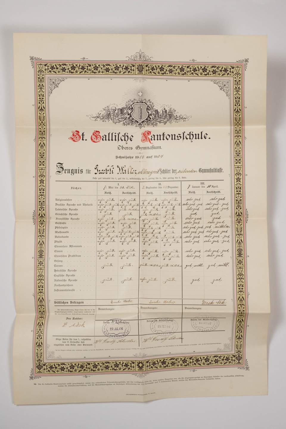 7 Zeugnisse der Kantonsschule St.Gallen für Walter Gröbly