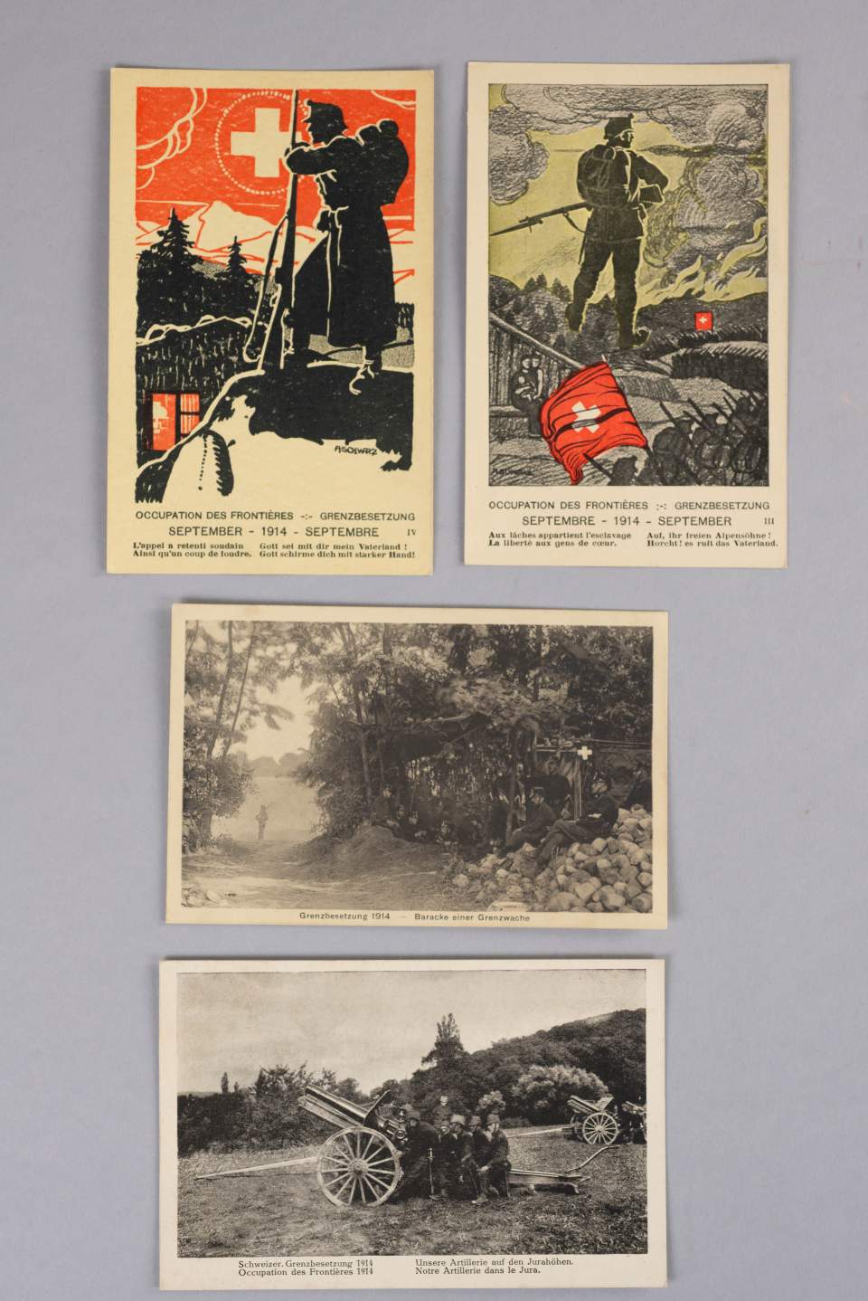 Vier Postkarten, Ansichtskarten zur Grenzbesetzung 1914