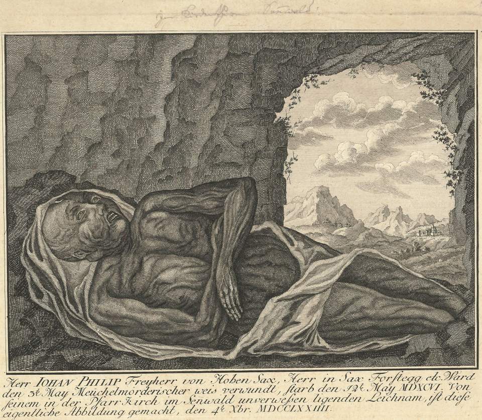 Kupferstich, Die Mumie des Freiherrn Philip von Hohensax