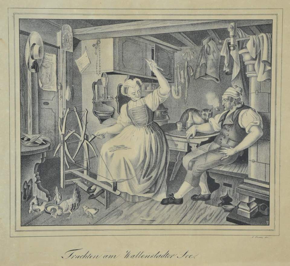 Lithographie, Trachten am Walenstadter See nach einer Zeichnung von C. Franz