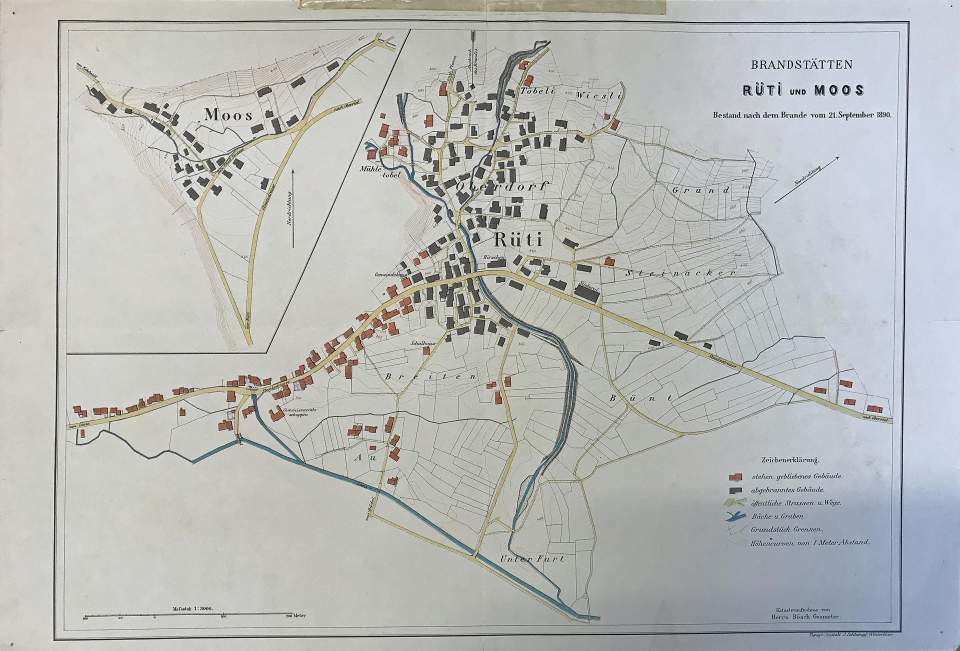 Lithogaphie Pläne der Brandstätten von Rüti und Moos