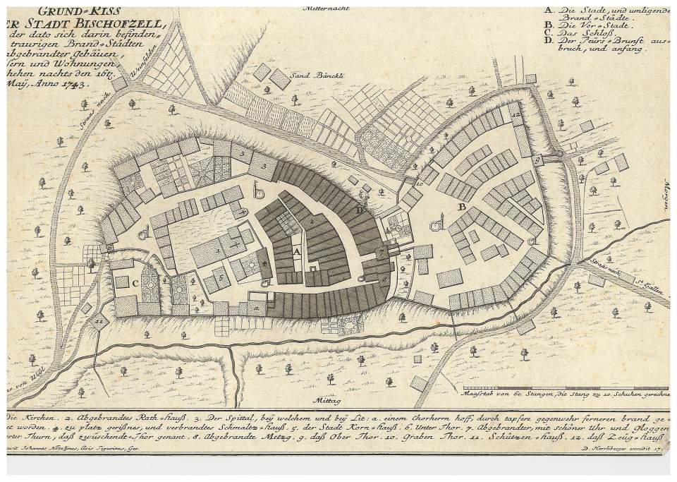 Grundriss der Stadt Bischofszell 1743 mit Verzeichnis der verbrannten Häuser