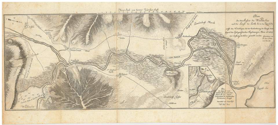 Landkarte, Kartenskizze vom Linthgebiet zwischen Walensee und Zürichsee
