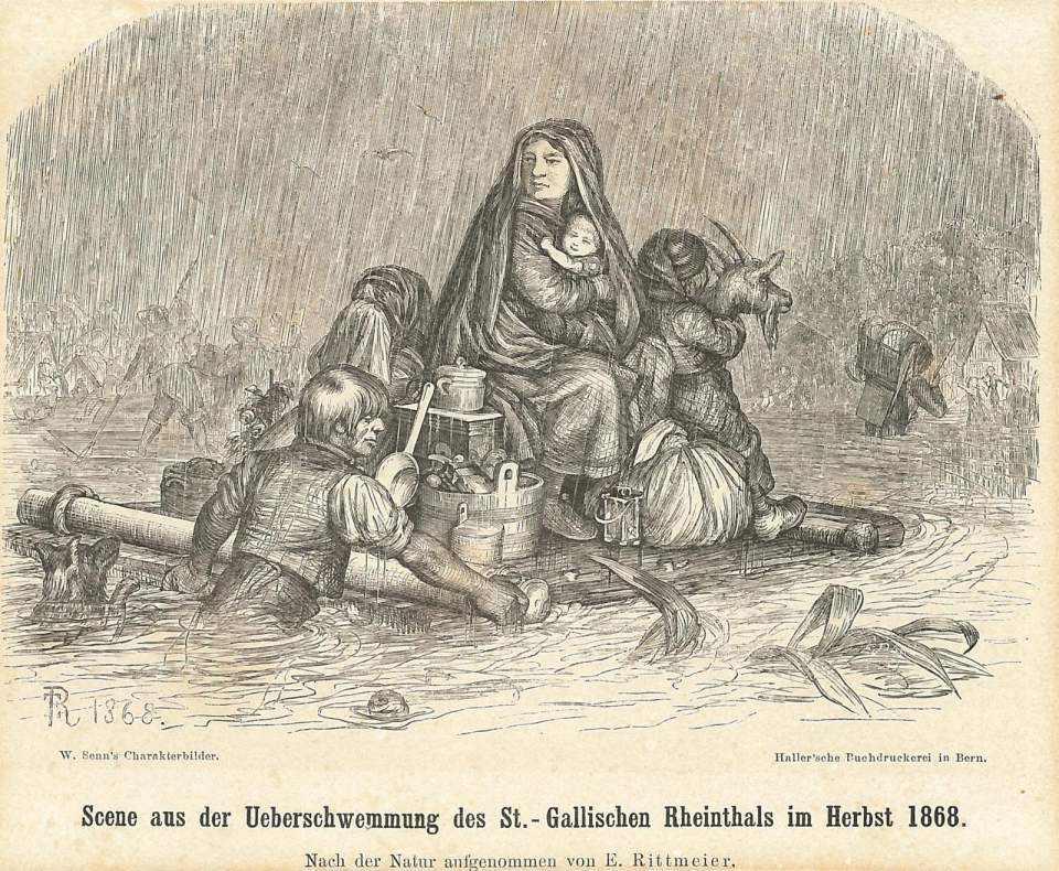 Die Wassernot im Rheintal nach einer Zeichnung von Emil Rittmeyer, Herbst 1868