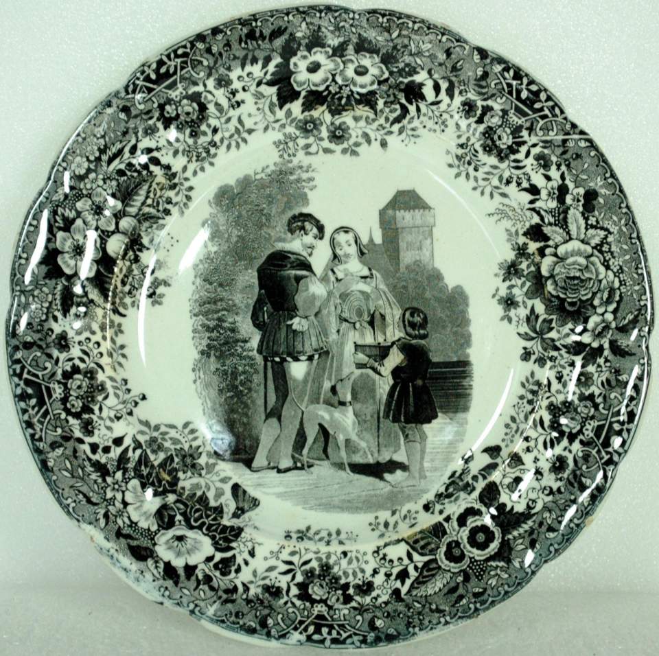 Kleiner Teller,  silberne Denkmünze, schwarz mit Schloss
