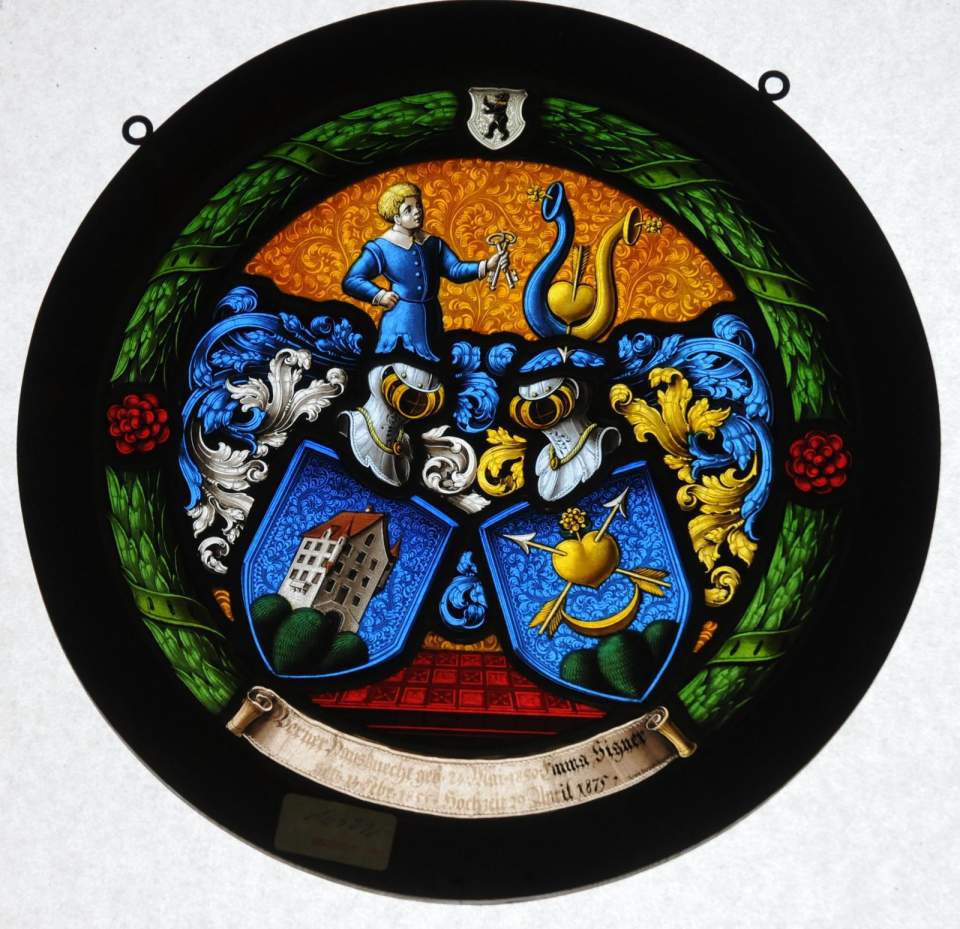 Allianzwappenscheibe von Werner Hausknecht und Anna Signer, Monolithrundscheibe, Glasgemälde